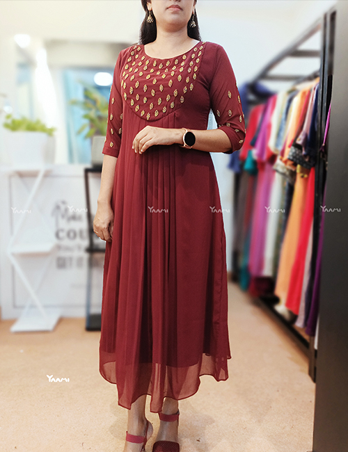 Long kurti with designer sleeves and embroidery - Kurti Fashion
