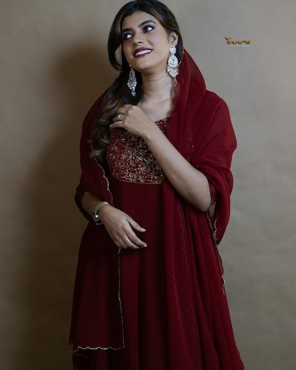 Designer Faux Georgette Dress with Velvet Yoke YD10294