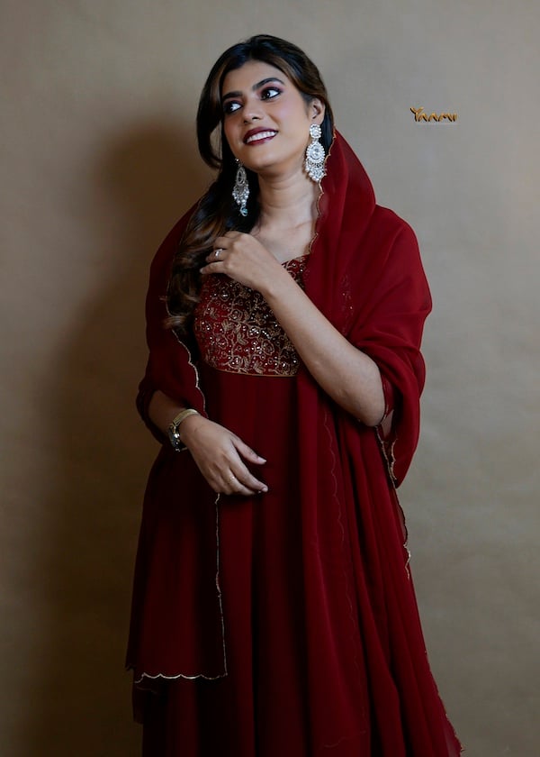 Designer Faux Georgette Dress with Velvet Yoke YD10294