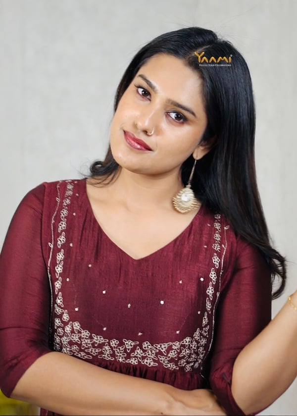 EMBROIDERED ETHNIC KURTHA YD10314 - dark meroon, L
