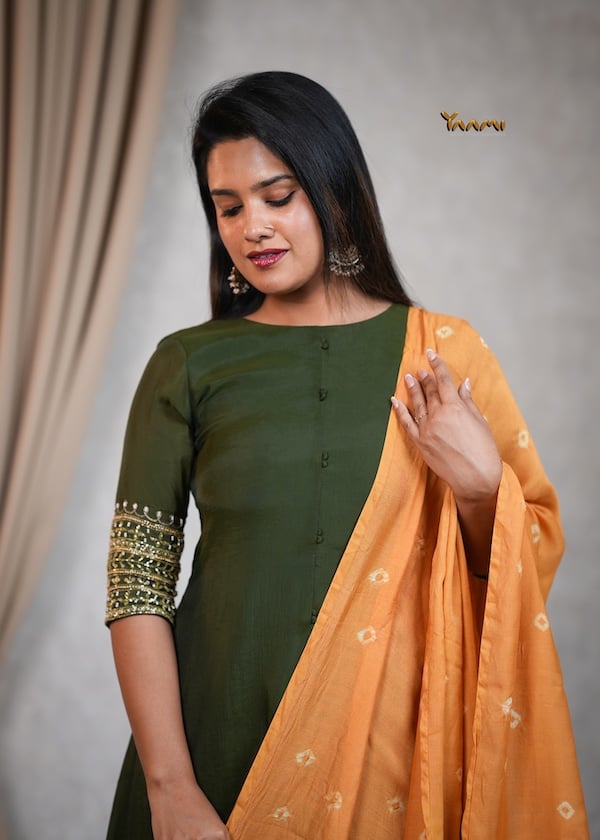 MUL CHANDERI A-LINE KURTHI WITH DUPATTA YD10354