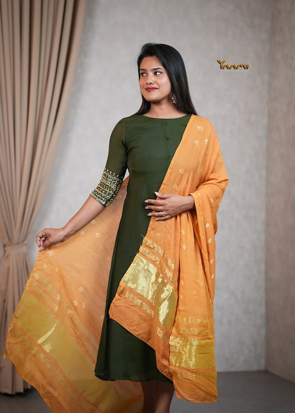 MUL CHANDERI A-LINE KURTHI WITH DUPATTA YD10354