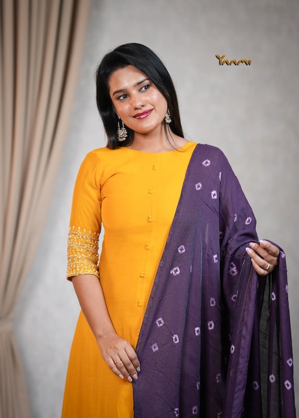 MUL CHANDERI A-LINE KURTHI WITH DUPATTA YD10354